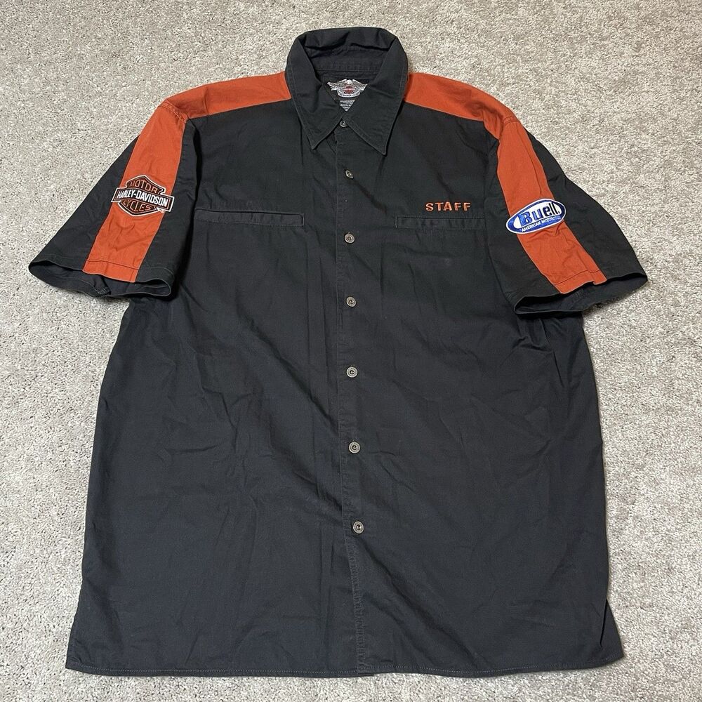 Harley Davidson Staff Shirt Mens Large Biker Short Sleeve Button Up Mechanic